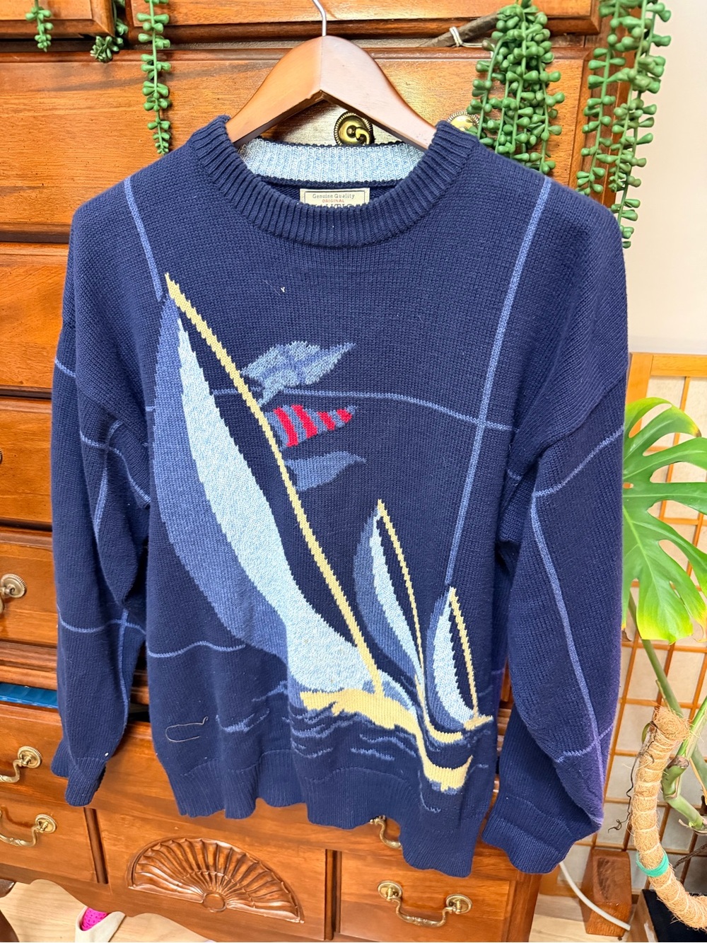 VTG 90s Nautica Denim Sailboat Knit Sweater Navy Grid Boxy L/XL
